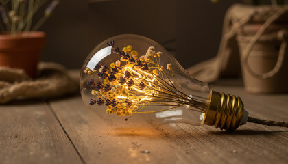 Decorative light bulb with flowers illuminated on wooden surface  