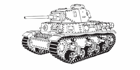 Obraz premium Realistic armored tank outline drawing, military tracked vehicle line art, black and white technical illustration, Modern battle tank vector illustration, armored military vehicle line art, monochrome
