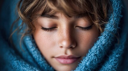 A serene portrait of a young woman with closed eyes, wrapped in a blue blanket.