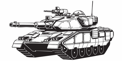 Fototapeta premium Realistic armored tank outline drawing, military tracked vehicle line art, black and white technical illustration, Modern battle tank vector illustration, armored military vehicle line art, monochrome