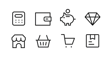 shopping. ecommerce, shop, sale, store line icon set  online shopping, contactless delivery line icons set, editable stroke isolated on white, linear vector outline illustration, symbol logo design