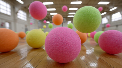 Colorful balls floating in an indoor gym setting.
