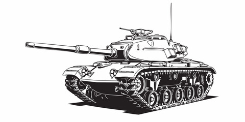 Realistic armored tank outline drawing, military tracked vehicle line art, black and white technical illustration, Modern battle tank vector illustration, armored military vehicle line art, monochrome © Mun