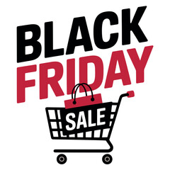 Bold Black Friday sale text hovers above a shopping cart carrying gift bags promotionally.