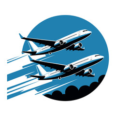 Two commercial jet airplanes fly upwards against a dark blue circular background graphic.