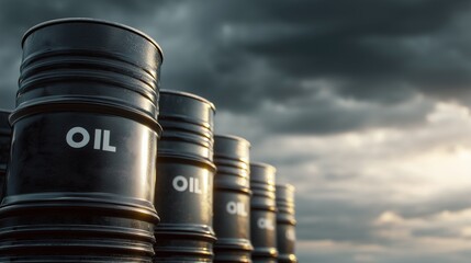 Stack of black oil barrels against dramatic sky