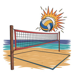 Volleyball action graphic shows a spiked ball hitting the net above the sandy court.