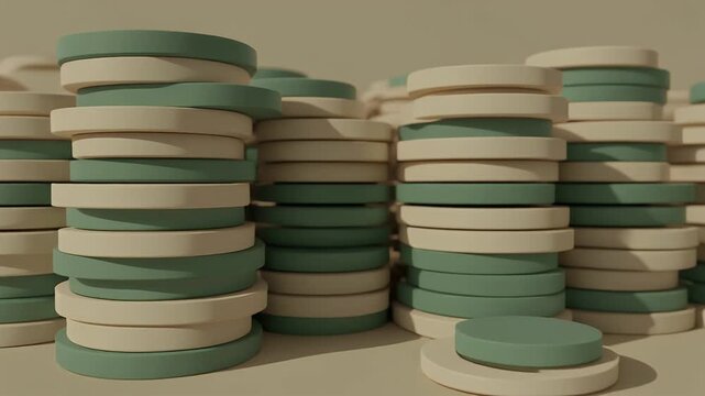 Stacks of Poker Chips in Green and White.