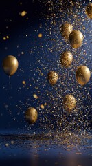 Celebration Night With Gold Balloons and Confetti Rising Against a Deep Blue Backdrop for Festive Party, Anniversary, and Event Marketing Imagery