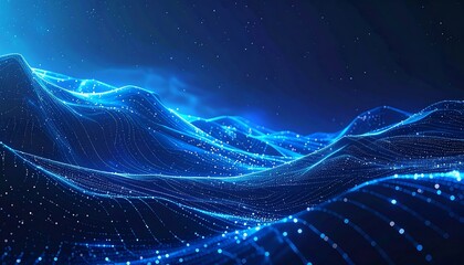 Glowing blue digital landscape with futuristic waves and dots