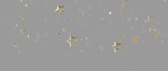 Fototapeta premium Elegant gold stars and snowflakes floating on a gray backdrop, perfect for winter and holiday design