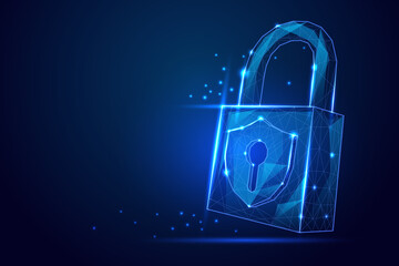 Futuristic Polygonal wireframe padlock with glowing blue shield and keyhole, symbolizing cybersecurity and data protection. vector illustration.