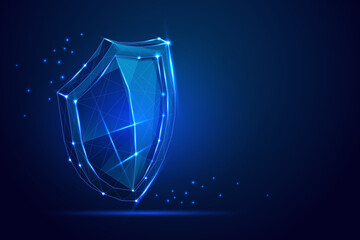 Digital glowing blue shield with polygonal mesh and particles, symbolizing cybersecurity and data protection. vector illustration.