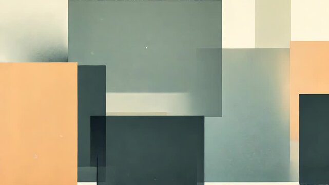 Abstract graphic displaying a composition of translucent overlapping geometric squares and rectangles in warm and cool tones, patterned with grunge dots suggesting data and digital information