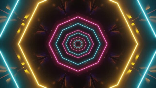 Infinite neon tunnel with octagonal shapes in vibrant colors of blue, yellow, and pink geometric