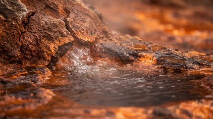 Steaming hot spring bubbling from cracked red rocks. Geothermal activity with vapor and water flow. Volcanic terrain showing natural earth energy and environmental exploration