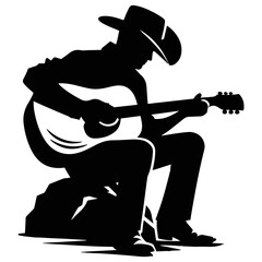 Black silhouette cowboy playing guitar on rock acoustic