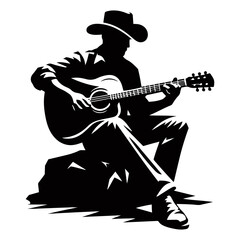 Black silhouette cowboy playing acoustic guitar on rock white