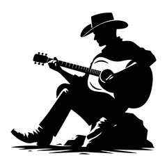 Black silhouette cowboy plays guitar sitting on rock acoustic