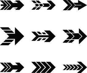 9 Black stylized arrow icons vector. Modern geometric arrow head icon Set. Minimalist black vector navigation symbols. unique striped, notched, speed-line isolated on white background.