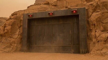 Futuristic door embedded in red rock cliff. Ancient alien entrance in desert landscape. Sci-fi mystery and exploration discovery concept for adventure themes.