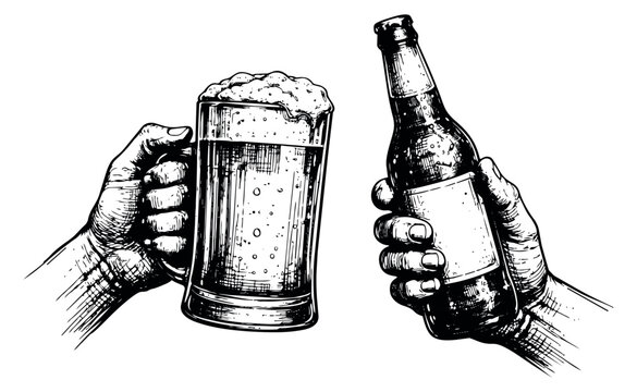 Hand drawn line art beer celebration set featuring hands holding a mug and a bottle for pub and party events