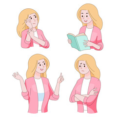 Cartoon-style woman in various emotional poses-thinking, smiling, presenting, and worried. Great for education, communication, and character design. vector illustration.