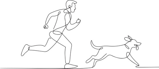 Fototapeta premium Man running with dog continuous line drawing vector illustration.one line vector illustration with out background