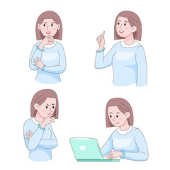 Cartoon-style person in various emotional poses-thinking, confused, smiling, and working on laptop. Ideal for education, communication, and character design. vector illustration.