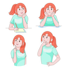 Cartoon-style girl in various thoughtful and study-related poses-daydreaming, puzzled, pondering, and focused. Great for education, learning, and emotional design.