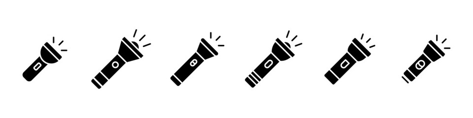 Fototapeta premium Flashlight solid icon set. Black flash light lantern icons collection. Portable electric torch lamp glyph symbols.