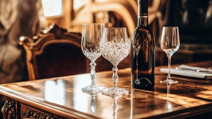Elegant Wine Glasses and Bottle on Polished Wooden Table, Fine Dining.