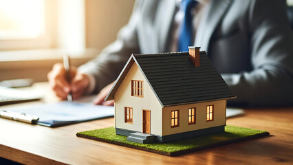 Souscription d’une assurance habitation avec maison miniature et contrat, idéal pour article ou blog sur l'immobilier