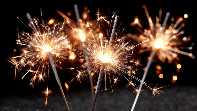 Bright sparklers glowing against a dark background. - Powered by Adobe