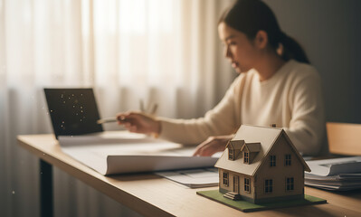 Architecte avec maison miniature et contrat, id&eacute;al pour article ou blog sur l'immobilier