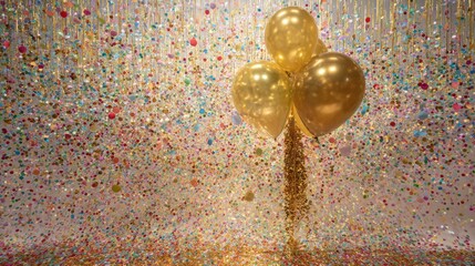 Celebration Scene With Gold Balloons And Colorful Confetti Shower Creating a Festive Atmosphere for Party, Event, and Celebration