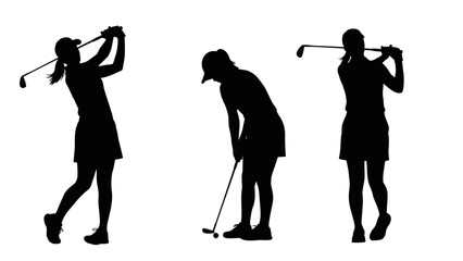 Golf swing silhouette set. Female golfer in action.