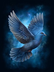 Fototapeta premium Majestic dove flying with glowing wings illustration, symbol of peace, hope and spiritual freedom on dark cosmic background 