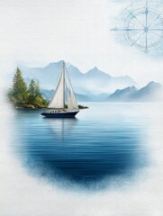 Fototapeta premium Sailboat on calm lake with misty mountains illustration, serene travel and freedom concept for lifestyle, wellness and adventure design 