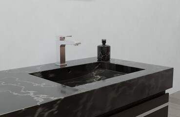 Sleek modern bathroom basin and faucet 3D rendering with elegant dark countertop design
