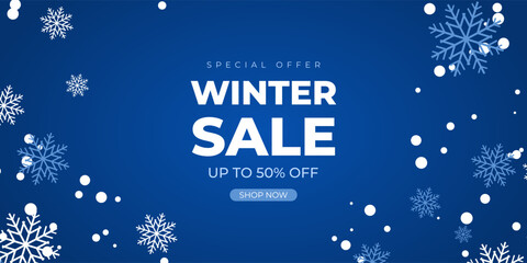 Winter sale commercial promotional banner with snowflakes. Blue vector background for seasonal sale promotion.