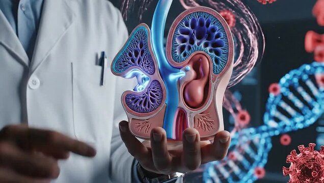 Doctor Holding Human Ear Anatomy Model with DNA and Virus Cells.