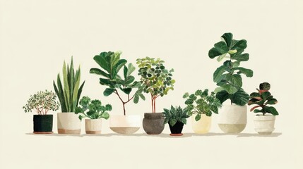 Fototapeta premium Various indoor plants are displayed in different types of pots on a light background. The plants include succulents and leafy varieties. Natural light highlights their shapes.