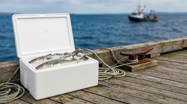Open cooler box filled with fresh silver fish on wooden dock by the sea. Fishing catch stored in portable cooler near ropes and distant fishing boat. Maritime harvest concept for seafood preservation