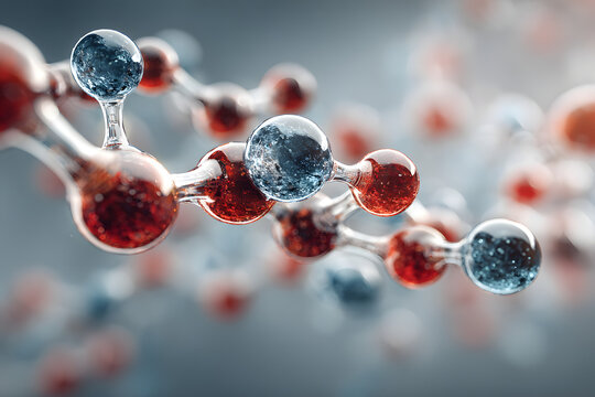 Molecular structure showcasing red, blue, and white spheres connected by bonds in a scientific composition representing chemical interactions and molecular diversity - Powered by Adobe