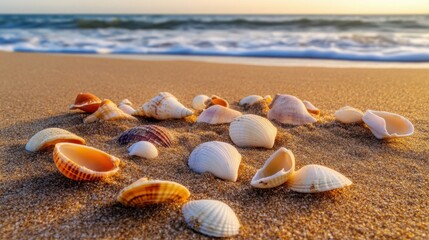 Obraz premium Seashells Scattered on Sandy Beach with Ocean Waves