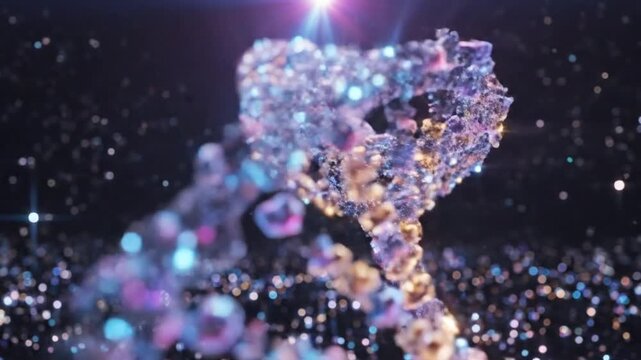 A luminous abstract neural-brain form glitters with blue-purple particles against starry bokeh glow