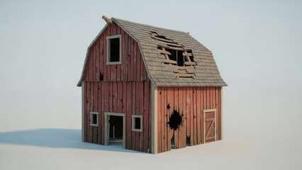 A simple 3D stylized Norwegian barn, old wooden structure, heavily weathered and chipped red paint, broken roof with a large hole, rural countryside, game asset, low poly style, clean lighting, center