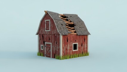 A simple 3D stylized Norwegian barn, old wooden structure, heavily weathered and chipped red paint, broken roof with a large hole, rural countryside, game asset, low poly style, clean lighting, center