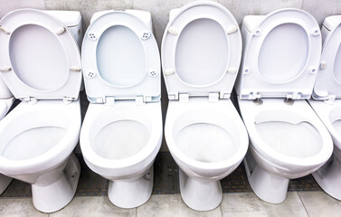 Assortment of ceramic toilet bowls are located in a plumbing store
